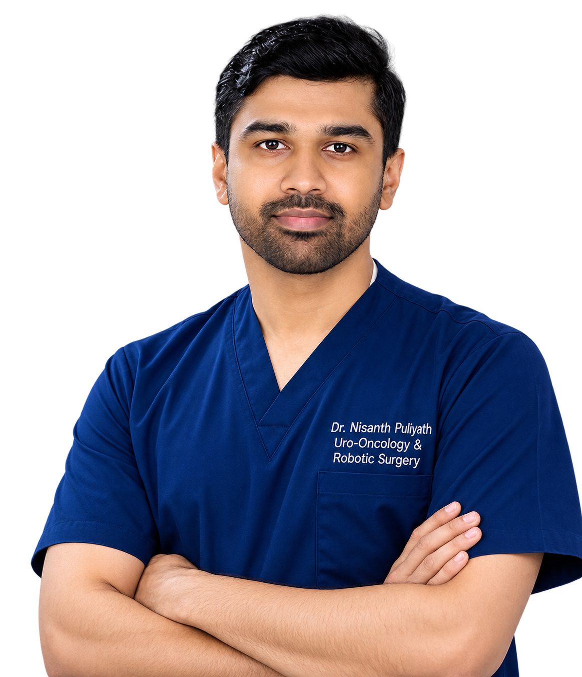 Dr. Nisanth Puliyath, robotic uro-oncologist in Kerala, India, in navy surgical scrubs
